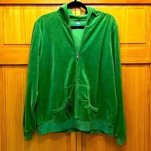SJB. Velour Green Active Jacket with Hoodie and two large pockets. Size L